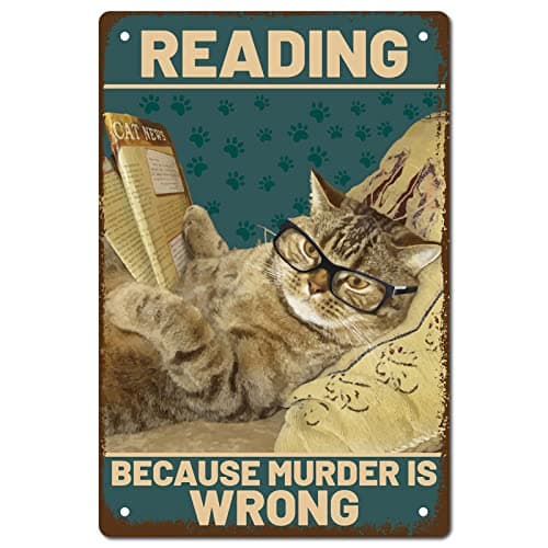 CREATCABIN Plaque Métal Chat Lecture Parce Que Le Meurtre Est Mauvais Affiche Métal Vintage Rétro Art Mural Suspendre Peinture Animaux Drôles pour Maison Salle Bain Décoration Murale 20x30cm