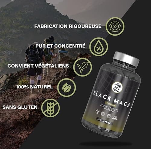 Maca Noire Extra Forte 24000mg - 120 Gelules - Extrait de Maca Noir 20:1 Améliore la Performance homme et femme Macca L-Arginine, Zinc, Vitamine B6 et B12 pour combat la fatigue et le stress Oxydant