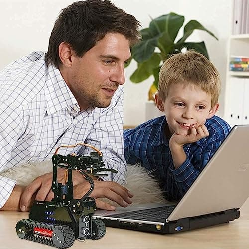 Adeept RaspTank Kit de Voiture Robot Intelligent sans Fil WiFi pour Raspberry Pi 4/3 modèle B+/B, Robot Suivi de réservoir avec Bras robotique 4-DOF, Suivi de Cible OpenCV, Transmission vidéo