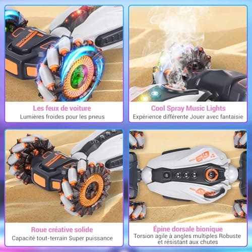 FORMIZON RC Stunt Auto Car, Voiture Télécommandée Tout Terrain avec Commande Manuelle 2.4GHz 4WD 360° Rotation RC Auto avec Spray, Musique et Lumière, Rotation Offroad Drift Cadeau Enfants(Gris)