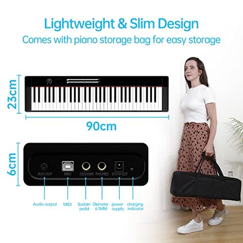 TERENCE Piano Numérique 61 Touches Lumineuses support de partitions semi-lestées avec Stands et Batterie de 1750mAh et interface MIDIBluetooth Sacs pour Clavier Câble audio Casque Noir