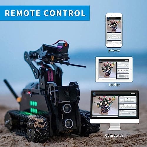 Adeept RaspTank Kit de Voiture Robot Intelligent sans Fil WiFi pour Raspberry Pi 4/3 modèle B+/B, Robot Suivi de réservoir avec Bras robotique 4-DOF, Suivi de Cible OpenCV, Transmission vidéo