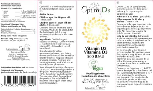 Vitamine D3 naturelle en gouttes supplément | vitamine D enfants - bébé – adultes – femme enceinte | 500 UI par goutte - Flacon 20ML | Vitamine D Végétale Vegan Lichen - huile de coco | Optim D3