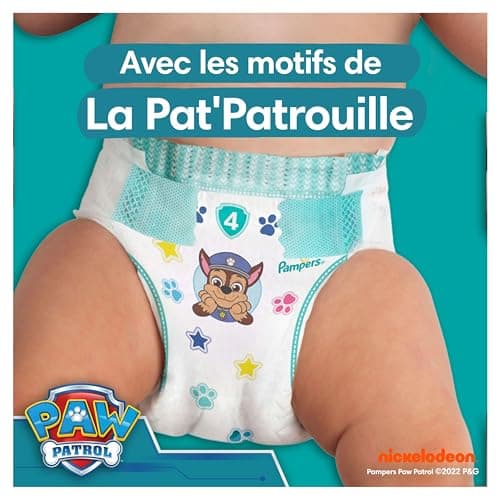 Pampers Baby-Dry, Taille 4, 222 Couches, 9-14kg, A La Rescousse Contre Les Fuites Grâce A Une Protection Intégrale Jusqu'à 12h, Edition Limitée avec La Pat’Patrouille, Pack 1 Mois