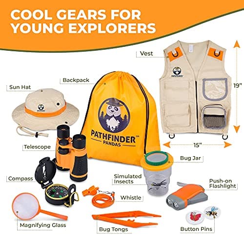 Kit Exploration Enfant avec Gilet Safari et Chapeau, Jumelles Enfant, Boussole Enfant, Loupe Enfant, Boite Loupe Insecte - Cadeau pour Les Garçons et Les Filles âgés de 3 à 12 Ans (Orange, 3-7)