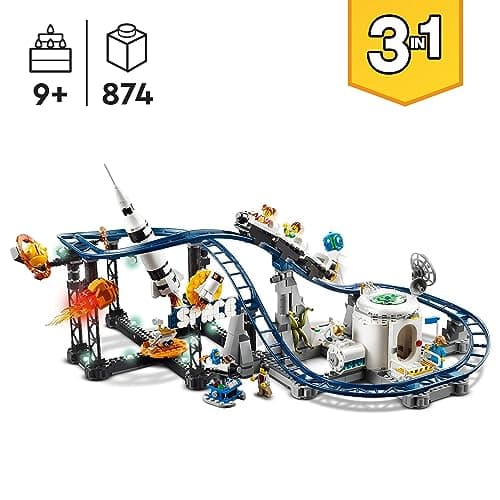 LEGO 31142 Creator Les Montagnes Russes de l’Espace, avec Tour de Chute Libre, Maquette de Manège, Jouet de Construction avec Fusée Spatiale, Planètes et Briques