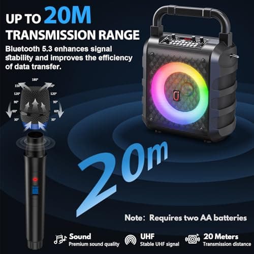 HWWR Caisses karaoké avec 2 Microphones sans Fil, karaoké Professionnel Portable Bluetooth avec lumières LED, Eco/TF/USB, AUX, pour Les fêtes et Les Adultes, Cadeau pour Les Amis et la Famille