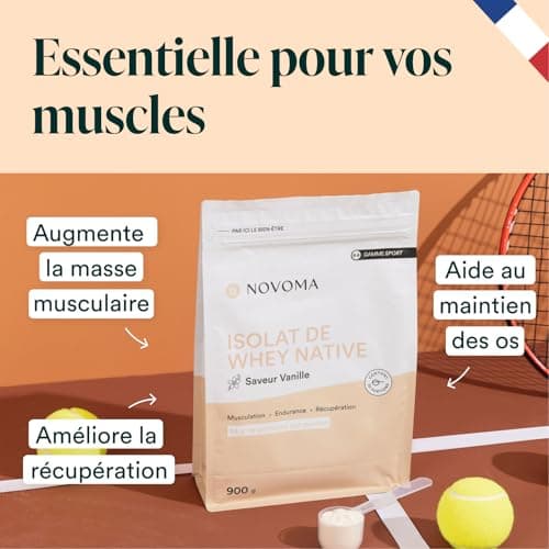 NOVOMA Whey Isolate Native, Protéine Pure Non Dénaturée, 24g de Protéines par Portion, Saveur Vanille, Musculation et Récupération, 30 Portions, Sachet 900g, Fabriqué en France