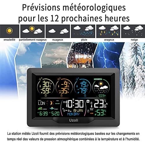 Uzoli Station météo sans fil avec 3 capteur Horloge numérique Thermomètre Hygromètre intérieur extérieur Prévisions météo Pression Lever Coucher du soleil Phase lunaire Risque de moisissure - EM3390