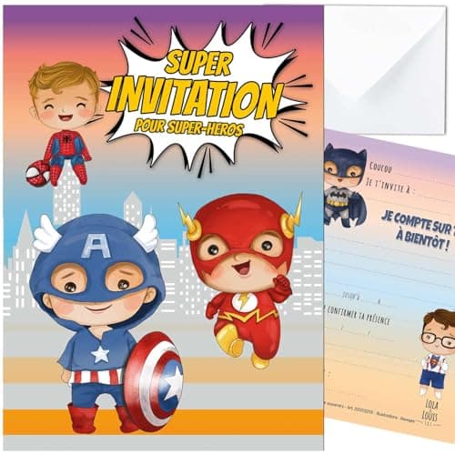 LOLA & LOUIS® • 10 cartes invitation anniversaire en Français • 10 enveloppes • Thèmes super-héros (Spiderman, Flash, Captain America, Batman) • Cartons pour inviter filles et garçons
