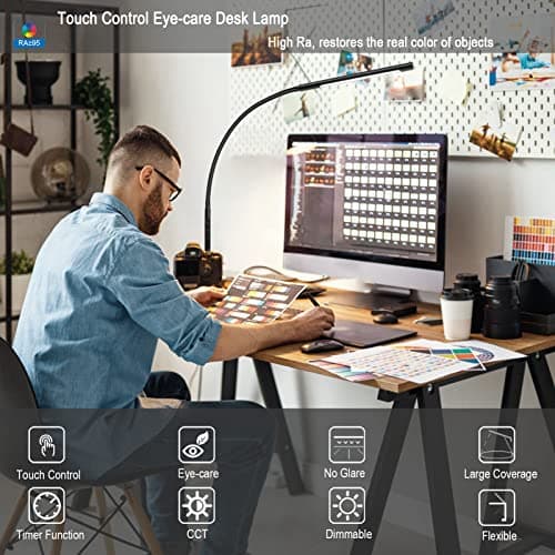 EYOCEAN Lampe de Bureau 12W, avec Télécommande, LED Protection des Yeux, Température de Couleur Réglable, Contrôle Tactile, Fonction de Mémoire et de Chronométrage, pour Beau Travail Lecture Plaisir
