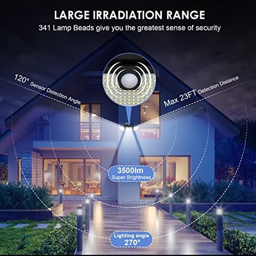 Lampes Solaires Extérieur à Détecteur de Mouvement, 3500LM 341LED Lumières Solaires avec 3 Têtes Réglables, 270° éclairage Grand Angle IP65 Projecteur Solaire éclairage Mural d'extérieur - 2 Pack