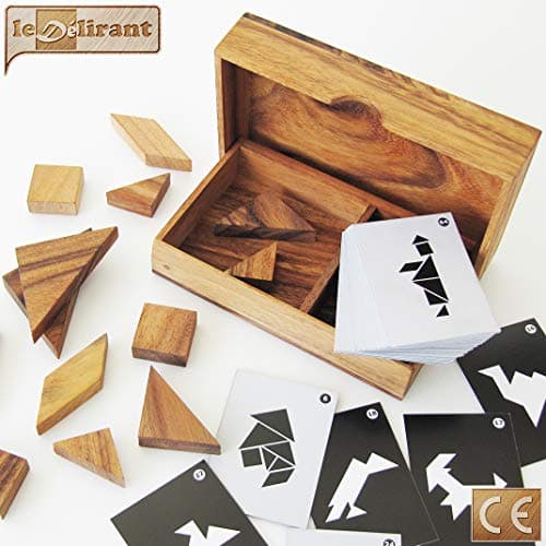 TANGRAM DOUBLE - à partir de 6 ans pour 1 à 2 joueurs, casse tête en bois massif aux normes CE. Difficulté 2/6 marque française Le Délirant, un puzzle avec plus de 64 figures à réaliser. Jeu de voyage