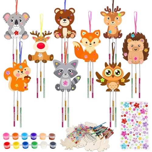 PIWOSGOL Kits Bricolage Animal Enfants, 9 Pcs Animal Carillon à Vent en Bois, Loisirs Créatifs pour Filles, DIY Animal Artisanat pour Activité Manuelles Enfants Cadeau Anniversaire 3-12 Ans