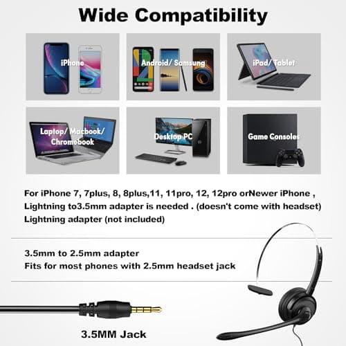 Voistek Casque mono avec microphone, prise jack 3,5 mm/2,5 mm, casque PC 2 en 1, casque filaire et antibruit et contrôle du volume pour centres d'appel, Skype, Zoom, bureau à domicile, cours en ligne