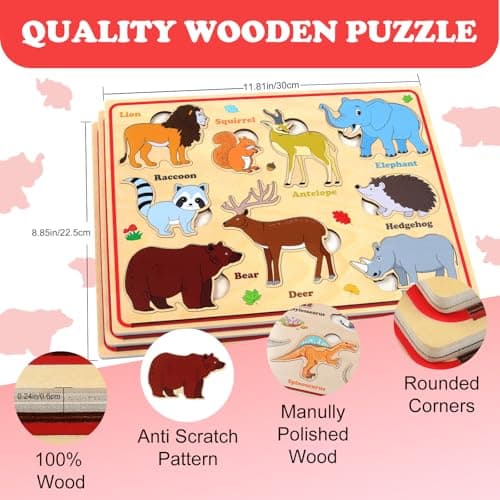 3 Jeux De Puzzles pour Bois pour Les Jeunes pourfants, Autocollants Magnétiques pour Bois pour Le Réfrigérateur, Puzzles Montessori, Cadeaux pour Filles Et Garçons -Voiture Dinosaure Animaux