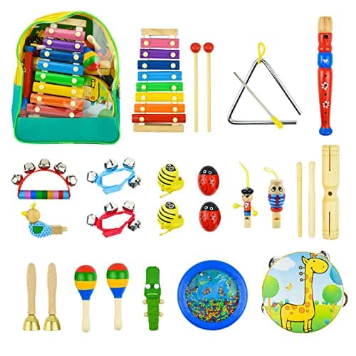 27pcs Instruments de Musique Musicaux pour Enfants, Kikuo Bois Percussion en Bois pour Bébé, D'instruments de Musique pour Les Tout-Petits - Favorise Le Développement Précoce - Sac à Dos Inclus