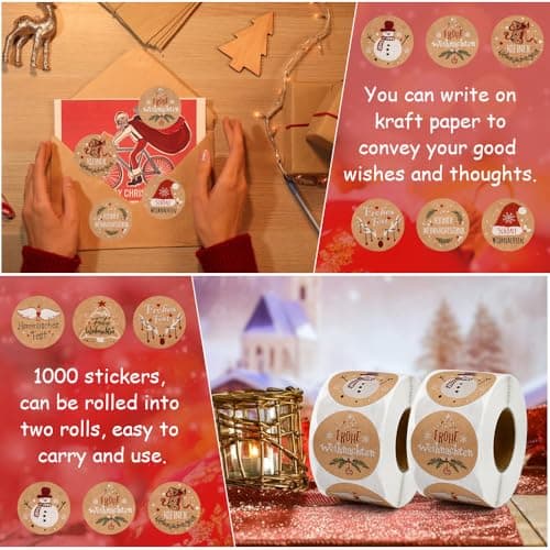 LIMITADA Gommettes Noël 1000 Pcs Autocollants De Noel Rouleau D'autocollants de Noël Etiquette Vacances Cadeau Autocollants d'enveloppe Joyeux Noël Autocollants Étiquettes Adhésives en Papier Kraft