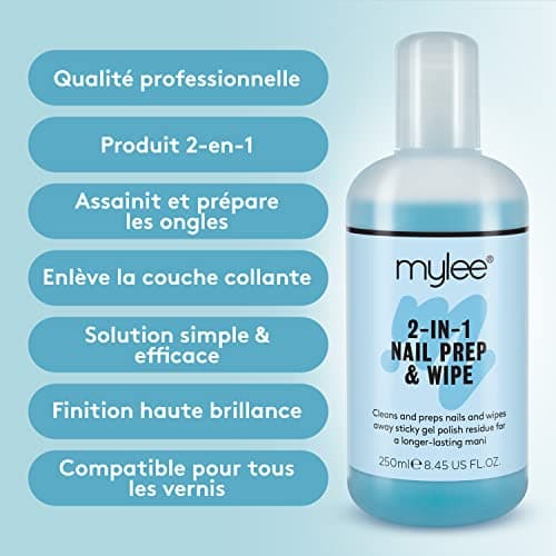 Mylee Prép et nettoyant + Dissolvant qualité salon, Manucure et pédicure avec systèmes UV LED, Dissolvant professionnel à l’acétone pour tout type d’ongles, Double usage pour nettoyer l’ongle et enlever la couche adhésive 2x250ml