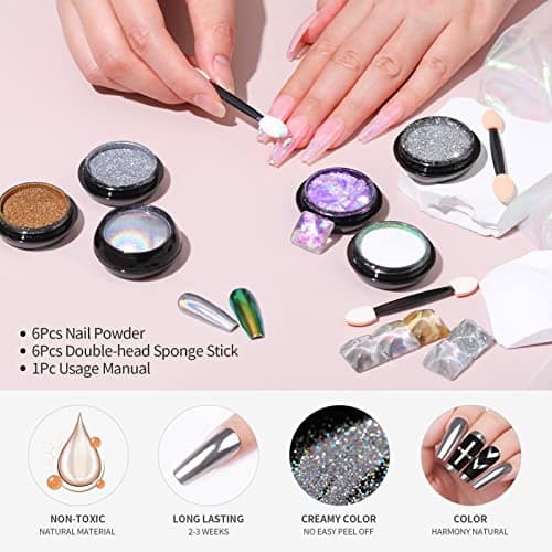 6 BoîTe Poudre Ongles, BORN PRETTY Holographie Perles Chrome Ongle Nail Art Poudre Effet Miroir MéTallique Brillant Nail Powders Chromé Pigment Avec Paillettes Pou La DéCoration D'Art D'Ongle