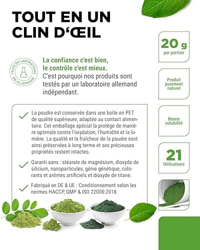 Combinaison de super aliments - 420 g de poudre (shake) avec herbe d'orge, guarana, maca, chlorella, spiruline, moringa - Power smoothie 100% naturel - Avec arôme citron - Vegan
