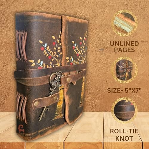Urban Leather Journal intime avec motif arbre de vie, feuilles de cœur, pages rustiques, anciennes et anciennes, couverture en cuir, journal intime imprimé, papier vierge vierge