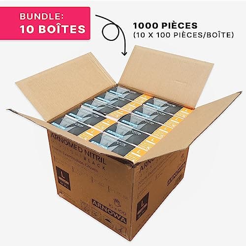 ARNOMED Gants nitrile taille L, gant nitrile noir, 1000 pcs (10 boîtes), gants noir jetable non poudrés & sans latex, gants noir, gants de cuisine jetables, gants jetables noir XS, S, M, L, XL, XXL