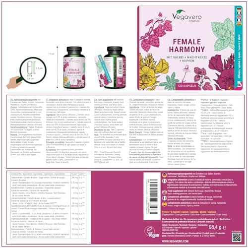 Vegavero Complexe MÉNOPAUSE | 100% Naturel & SANS HORMONES | Sauge, Onagre, Houblon, Camomille et Igname | 120 Gélules Vegan | Bouffées de Chaleur + Fatigue + Équilibre Hormonal & Emotionnel