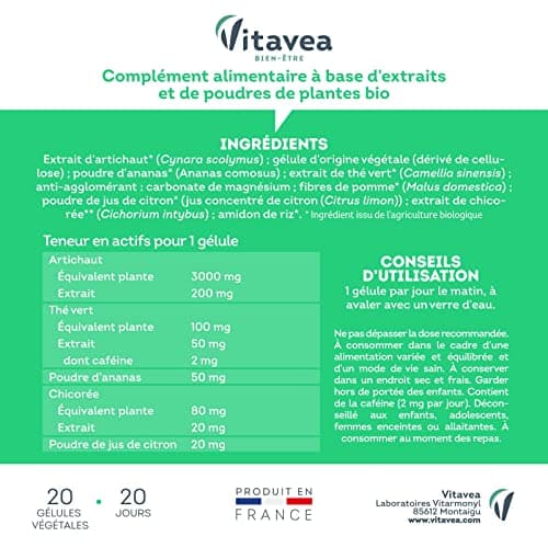 VITAVEA BIEN-ETRE - Détox Globale Bio - Complexe 5 Plantes Bio - Élimination Dépuratif -20 Gélules Végétales - Fabriqué en France