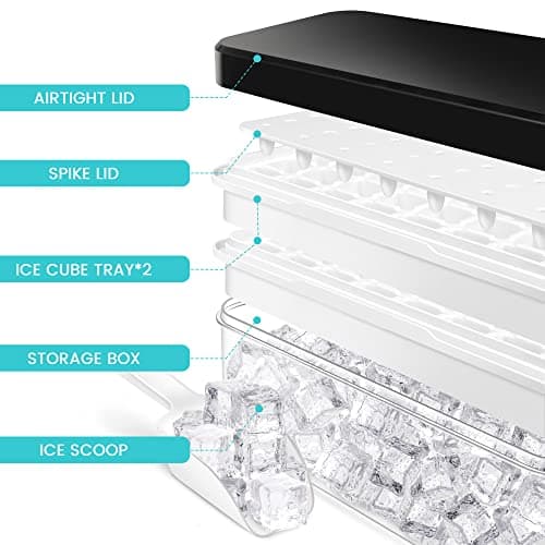 Lot de 64 bacs à glaçons avec couvercle et récipient, pressez simplement pour libérer la glace, refroidir vos cocktails, whisky, café, 2 bols, 1 seau à glace et pelle (noir)