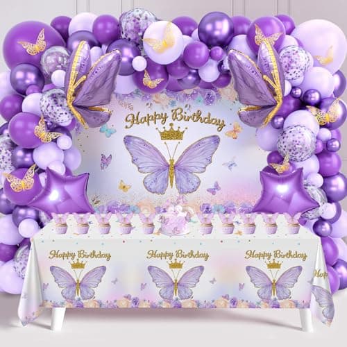 Décoration Anniversaire Violet, Ballon Anniversaire Fille Violet avec Happy Birthday Toile de fond, Nappe Papillon, Décoration de Gâteau Papillon pour Filles Femme Anniversaire Fête Parti Décoration