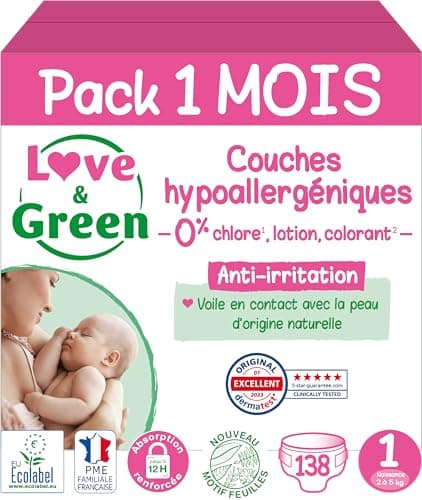 Love & Green - Couches Bébé Saines et Ecologiques - Taille 1 (2-5 Kg) - Pack 1 Mois (138 Couches) - Absorbante, anti-fuites et sans ingrédients indésirables