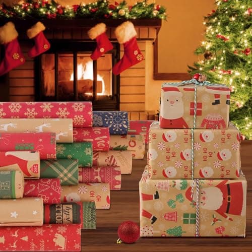 AhfuLife 2 Rouleau Kraft Papier Cadeau Noël, 43cm×15m Recyclable Papier Emballage Cadeaux Noel avec Motifs Fins pour Enfant Emballage des Cadeaux, Décor de Noël(C : Hoho/Père Noël)