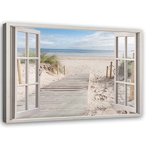 Feeby Imprimée sur toile Vue de la fenêtre de la plage 3D 60x40 cm 1 pièce Tableaux Tableau Image Photo Moderne Décoration Murale Artistique Photographie Design Cuisine Salon Chambre à coucher Beige