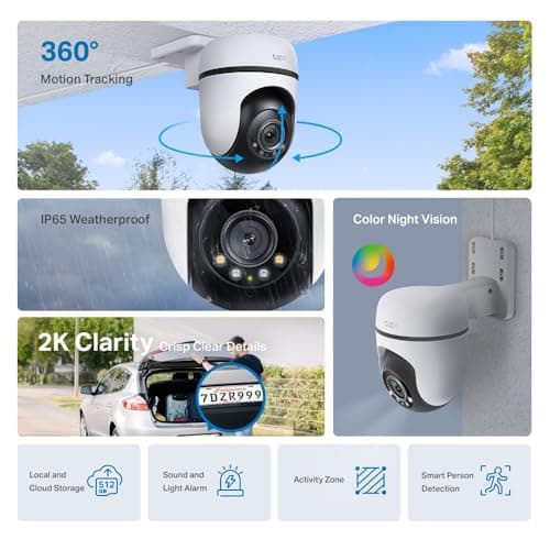 TP-Link Tapo 2K Caméra Surveillance WiFi extérieur 360° C510W, Vision nocturne couleur, Détection de Personne et Suivi de Mouvement, Étanche IP65, Alarme sonore Personnalisable