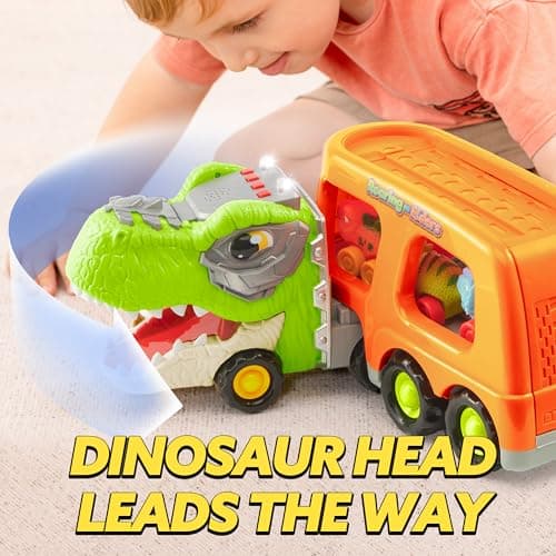 JOYIN Mini Camion de Transport de Dinosaures avec 6 véhicules Jouets en Caoutchouc Souple, avec Musique et Son Puissant, lumières Clignotantes, Cadeaux pour garçons et Filles à partir de 2 Ans(orange)