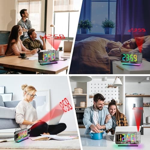 U-picks Réveil Numérique,Réveil avec Projection,Horloge Miroir LED de 7,4" projecteur rotatif à 180°affichage numérique 11 Color RVB,Veilleuse 10 color,Horloge de table numérique à 5 niveaux de Volume