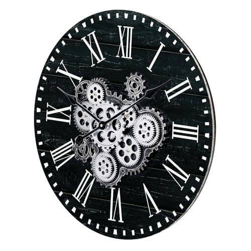 Lafocuse Horloge Murale Engrenages Mobiles Geante 57 cm Noire Industrielle Bois Vintage Pendule Murale Steampunk Chiffres Romains pour Salon Bar Bureau Cuisine