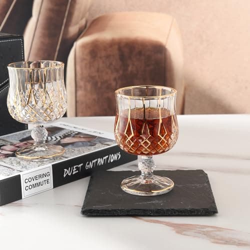 GLASKEY Lot de 2 Verres à Cognac en Cristal - décorés à la main avec de l'or 24K, Verres à Brandy à pied court pour Bourbon, Scotch, Tequila, Armagnac, Rhum, Bière, Liqueur - 21cl