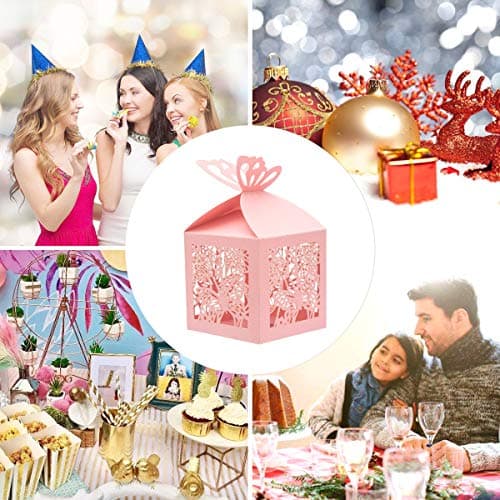 Derbway 30pcs Papillon Papier Boite Bonbons Coffret Cadeaux, Cérémonie de Mariage de Fête Caisson pour Anniversaire,Bébédouche,Communion,Noël (Rose,Carré)