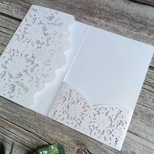 MillaSaw Invitations de mariage gaufrées Floral creux Laser Cartes de mariage tri-pliées Fiançailles Graduation Baptême Vacances Anniversaire Cartes de vœux 20pcs (blanc)