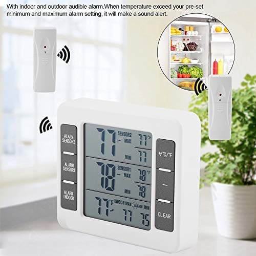Heaveant Thermomètre de Réfrigérateur, Thermomètre de Frigo Numérique Thermomètre de Congélation d'alarme Sonore Numérique sans fil avec affichage Min/Max de capteur 2PCS