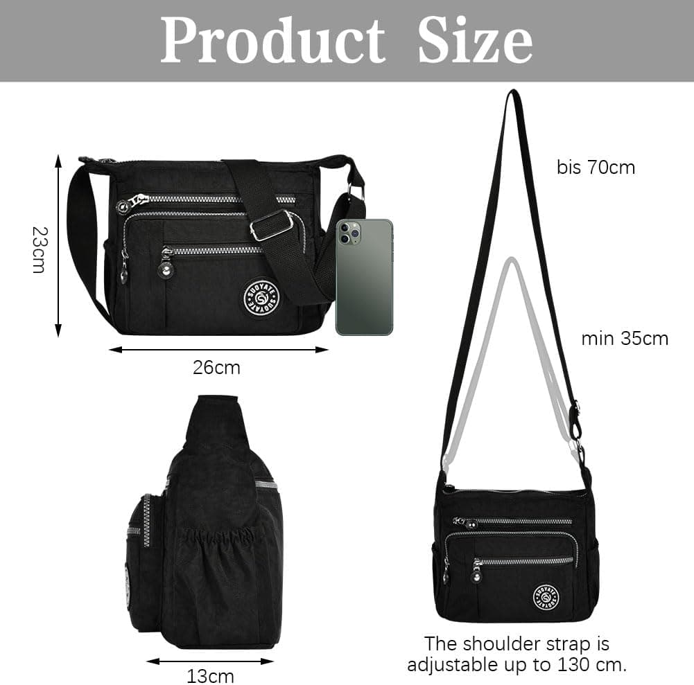 Aucuu Sac Bandouliere Femme, Sac à Main en Nylon, Multi-Poches Bandoulière Impermeable, Sacs à Bandoulières Multifonctionnel avec Bandoulières Réglable, Sacs Besace Loisir pour Voyage