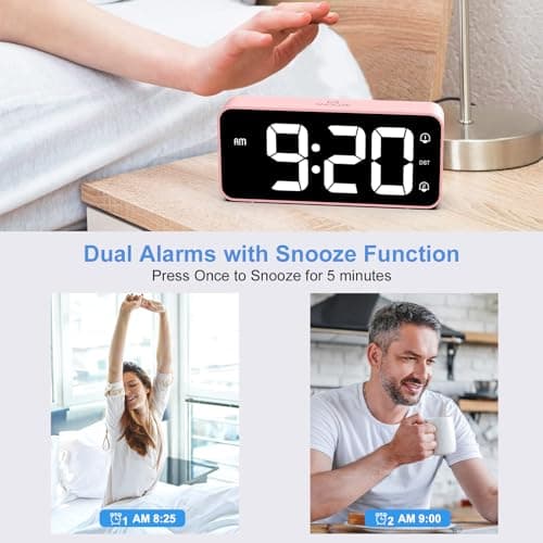 LATEC Réveil Numérique, Réveil LED avec Adaptateur, 0-100% Luminosité et Volume Réglable, 5,8" Grand écran Horloges avec 2 Alarmes, Fonction Snooze, 12/24H pour Bureau de Chambre(Rose)