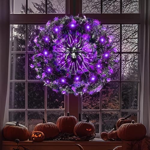 HYOJCWU 35cm Couronne Halloween, Guirlande de Décoration D'araignée d'halloween avec Lumières, Couronne Halloween Porte, Decoration Halloween pour Extérieur, Intérieur, Mur de Porte d'entrée