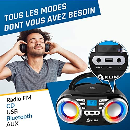 KLIM Boombox B3 - Poste Radio CD Portable - Nouveauté 2024 - Radio FM, CD, Bluetooth, USB, MP3 - CD Boombox - Mode Filaire et sans Fil avec Piles Rechargeables - Lentille Laser - Lecteur CD Portable