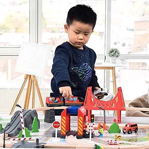 Kit de train d'action à piles pour rails de chemin de fer en bois (magnétique) - Compatible avec Thomas la locomotive, kit de train Brio pour les enfants âgés de 3, 4, 5 ans (sans voie en bois)