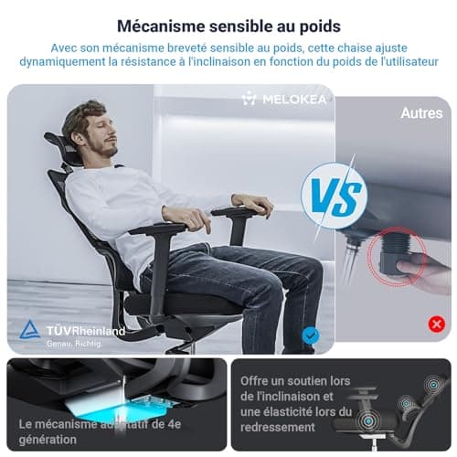 MELOKEA Fauteuil Bureau 200 KG, Personnes de Grande Taille (165-202 cm), Verrouillage à 3 Positions, Accoudoirs 3D Extra-Larges, Support Lombaire Dynamique, Chaise de Bureau XXL 200 KG, Norme EN 12520