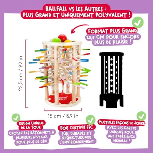 Nene Toys BALLFALL, Jouet Montessori pour Enfants 3+ Ans - Jeu de Société en Bois avec Bâtonnets Colorés, Dés & Cartes - Jeu de Société Éducatif et Familial pour Garçons et Filles de 3 à 9 Ans
