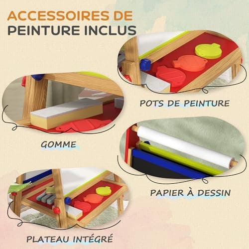 AIYAPLAY Chevalet peinture pour enfants, tableau enfant double face 3 en 1, avec rouleau de papier, tableau blanc et noir hauteur réglable, avec accessoires de peinture, enfants 3-8 ans, bois naturel